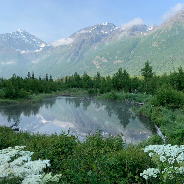 Serene mountain landscape in Anchorage, Alaska with lush greenery and a calm lake reflecting the peaks.