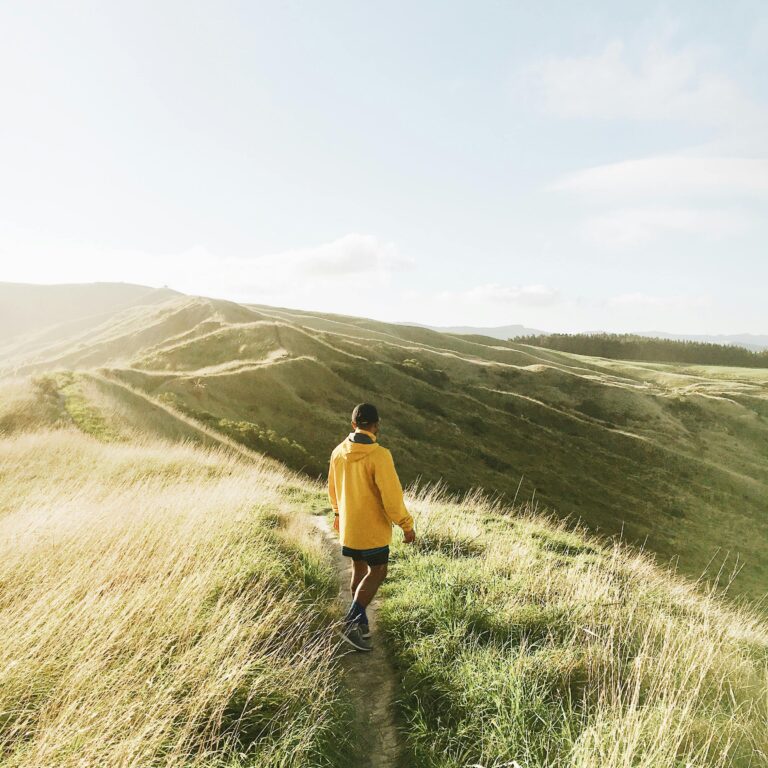 A man in a yellow jacket hikes along a grassy hill during a bright sunny day, capturing adventure and nature.