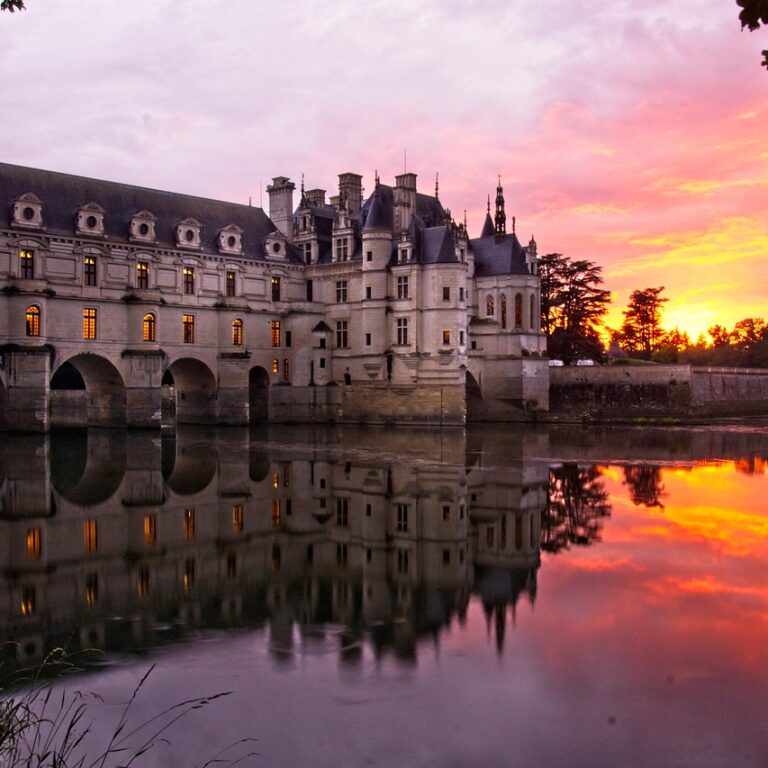 chateau de chenonceau, castle, sunset, france, architecture, historic, nature, tourism, river, twilight, dusk